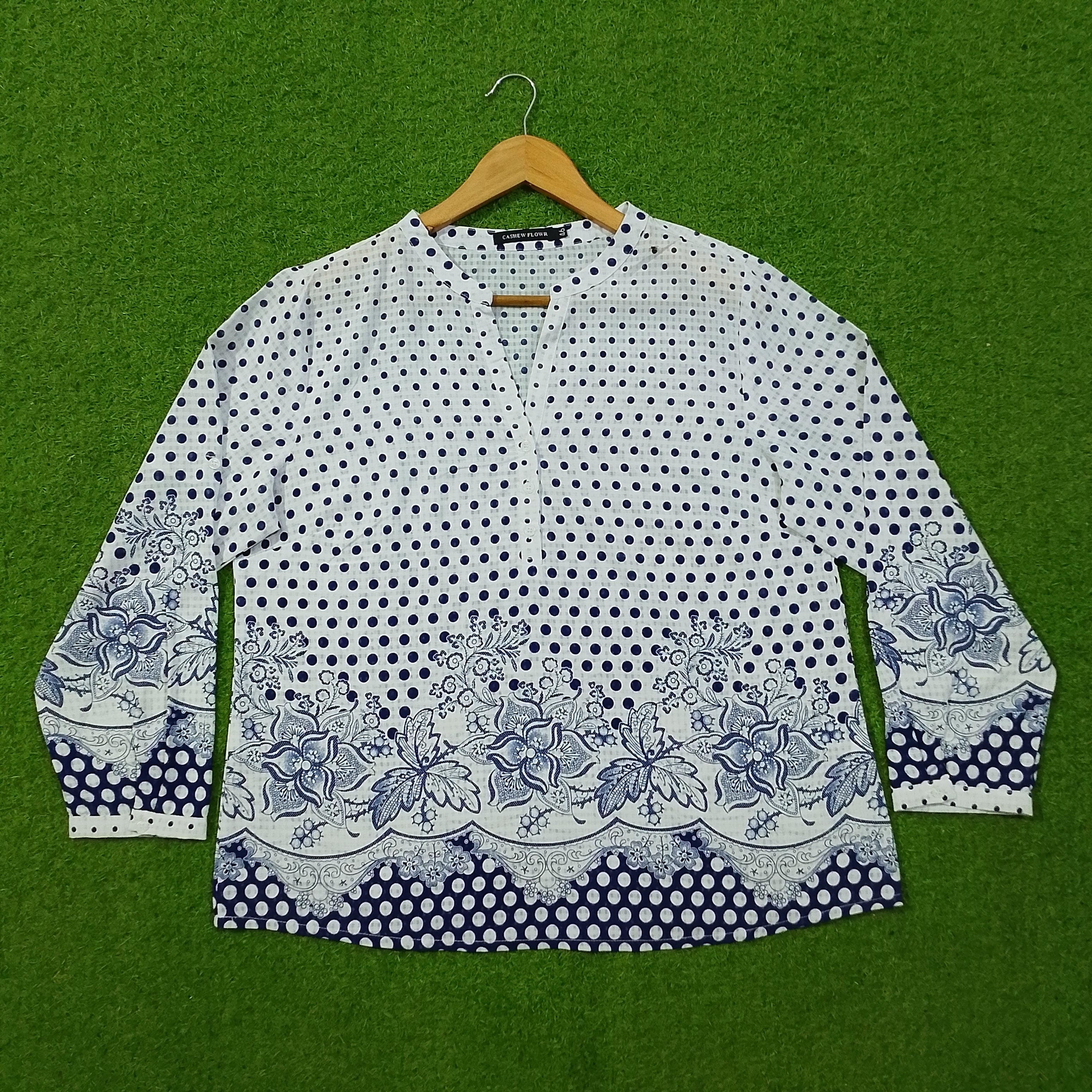 White Navy Polka Dot Floral Border Full Sleeve Chiffon Shirt