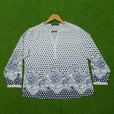 White Navy Polka Dot Floral Border Full Sleeve Chiffon Shirt