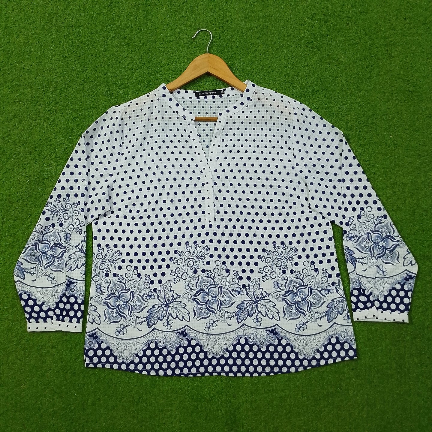 White Navy Polka Dot Floral Border Full Sleeve Chiffon Shirt
