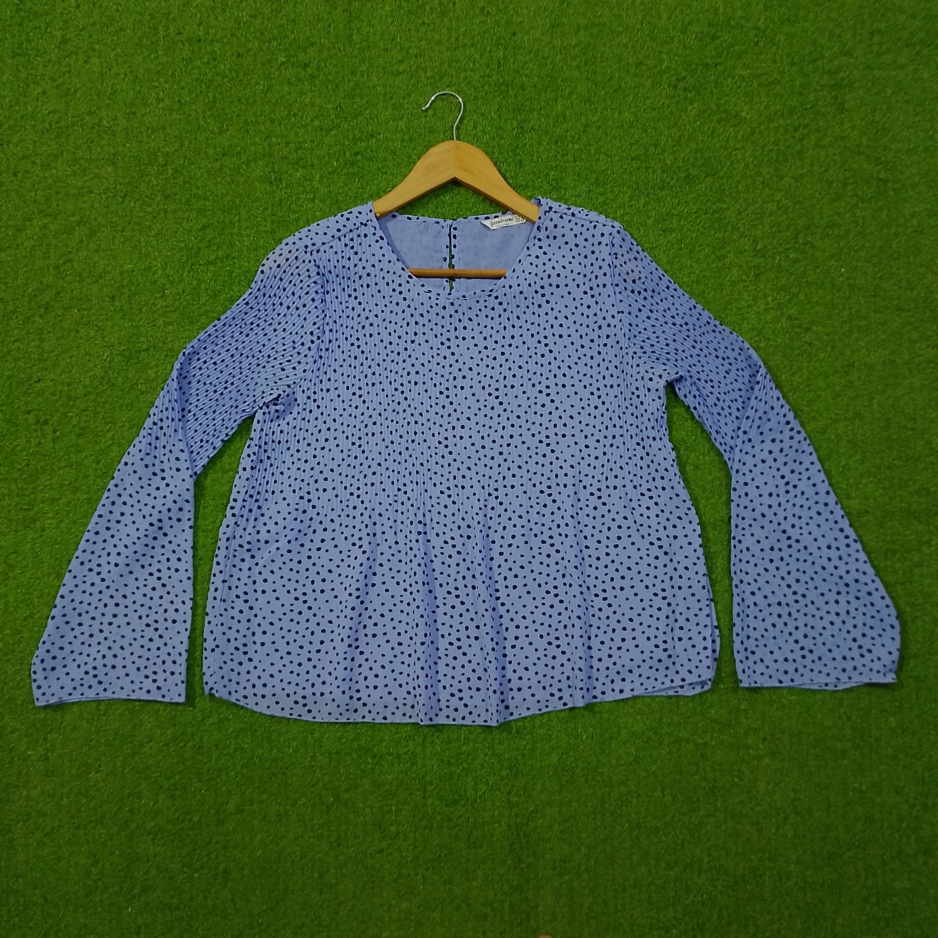 Blue Polka Dot Pleated Full Sleeve Chiffon Top