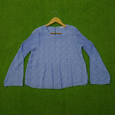Blue Polka Dot Pleated Full Sleeve Chiffon Top