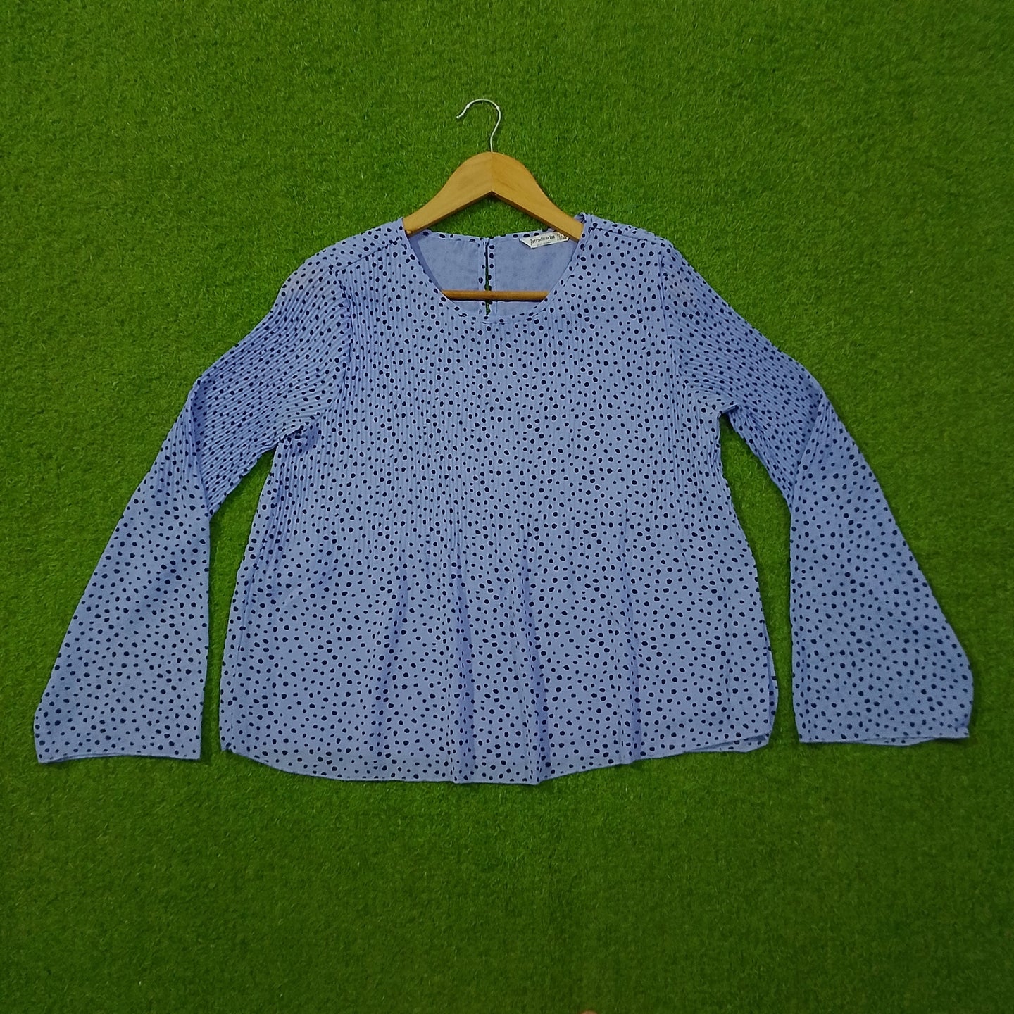 Blue Polka Dot Pleated Full Sleeve Chiffon Top