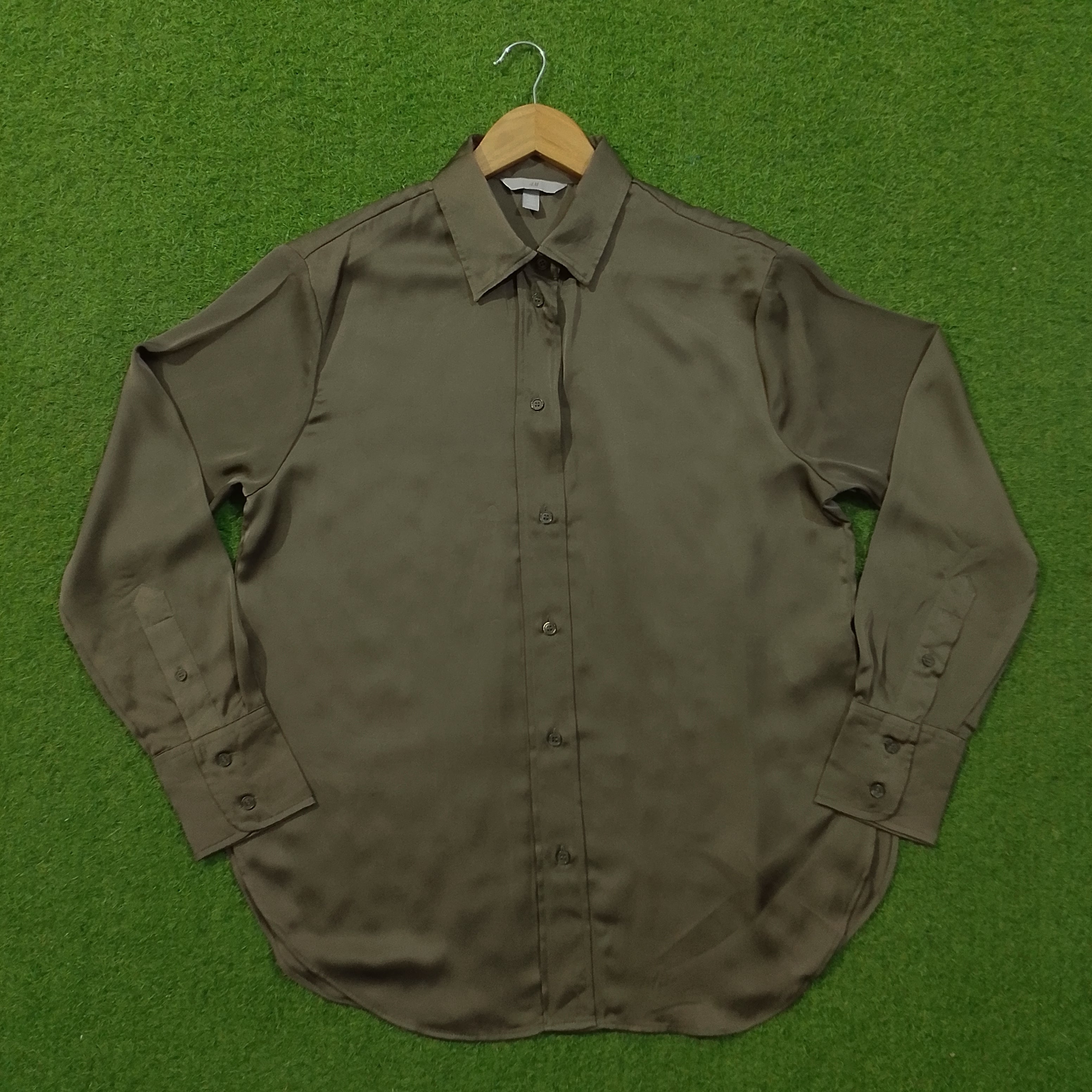 Olive Green Satin Silk Collared Button-Down Cuffed Sleeve Shirt