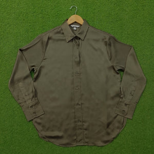Khaki Satin Silk Collared Button-Down Cuffed Sleeve Shirt