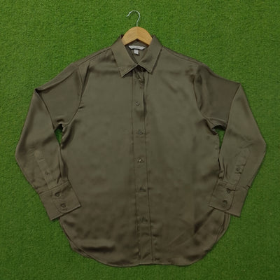 Olive Green Satin Silk Collared Button-Down Cuffed Sleeve Shirt
