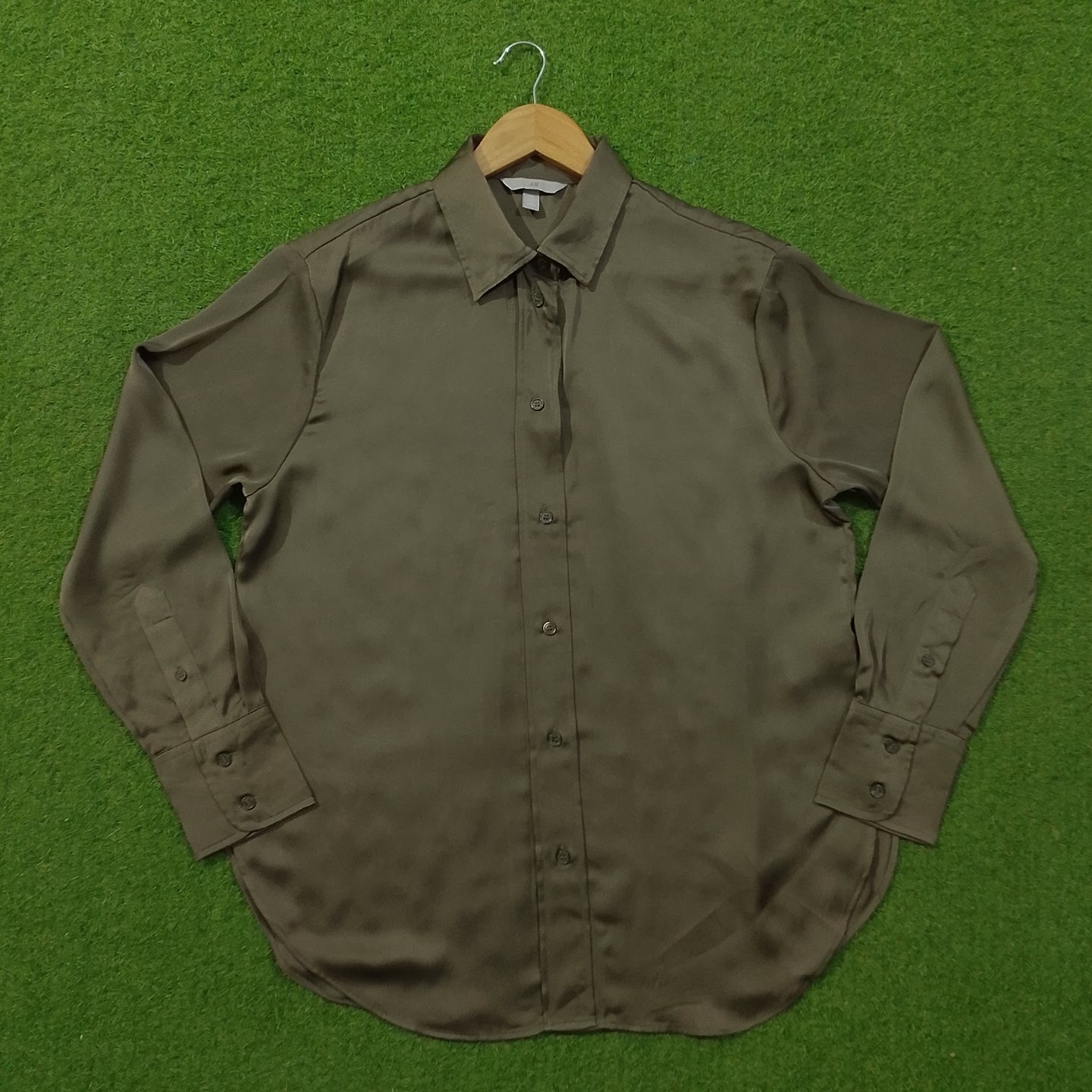 Olive Green Satin Silk Collared Button-Down Cuffed Sleeve Shirt