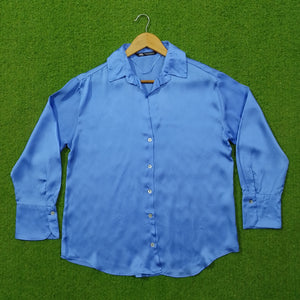 Sky Blue Satin Silk Open Collar Button-Down Cuffed Sleeve Shirt