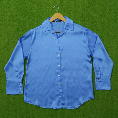 Sky Blue Satin Silk Open Collar Button-Down Cuffed Sleeve Shirt
