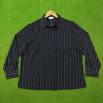 Black White Pinstripe Collared Button-Down Cuffed Sleeve Silk Shirt
