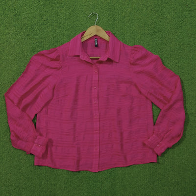 Magenta Pink Puff Shoulder Collared Button-Down Full Sleeve Crushed Silk Shirt - Full View - alternate view