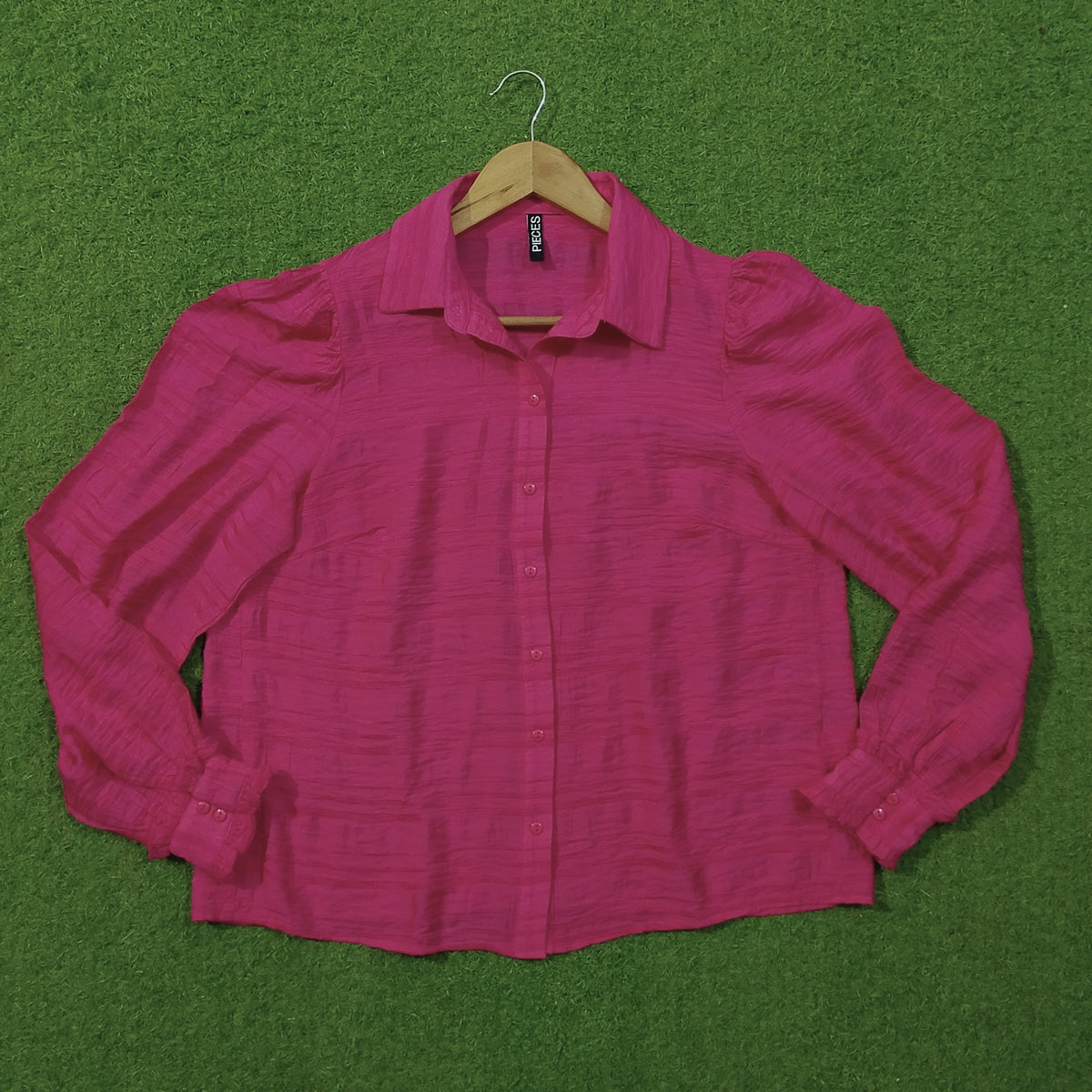 Magenta Pink Puff Shoulder Collared Button-Down Full Sleeve Crushed Silk Shirt - Full View