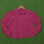 Magenta Pink Puff Shoulder Collared Button-Down Full Sleeve Crushed Silk Shirt - Full View