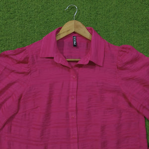 Magenta Pink Puff Shoulder Collared Button-Down Full Sleeve Shirt