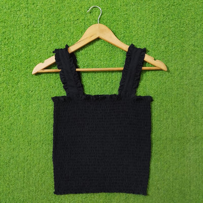 Black Smocked Ruffle Strap Crop Top - alternate view