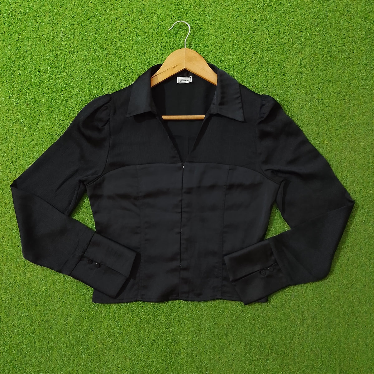 Black Collared Button-Down Cropped Shirt