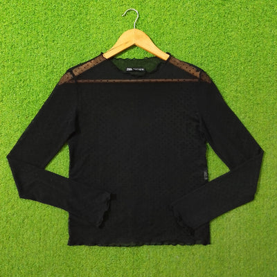 Black Mesh Polka Dot Panel Full Sleeve Top