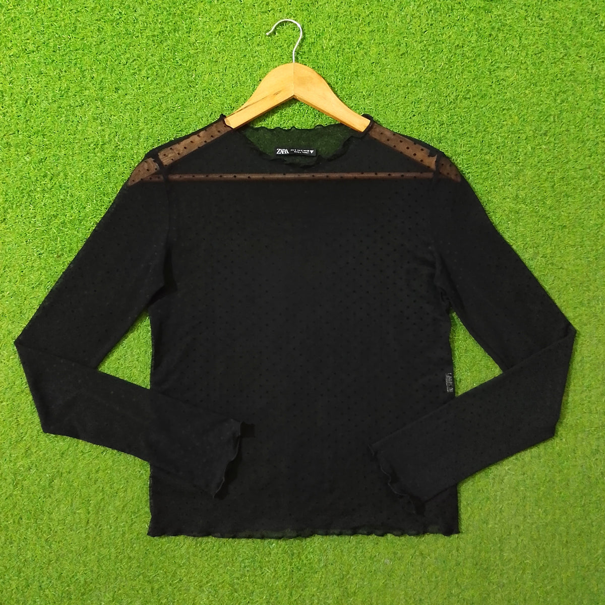 Black Mesh Polka Dot Panel Full Sleeve Top