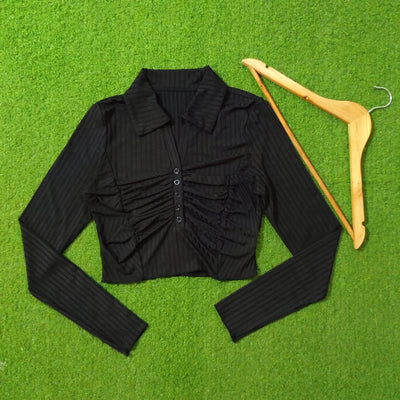 Black Ribbed Ruched Button Collar Crop Top - alternate view