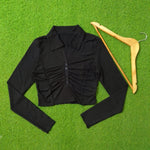 Black Ribbed Ruched Button Collar Crop Top