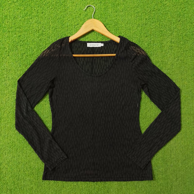 Black Net Textured See-Through V-Neck Full Sleeve Top