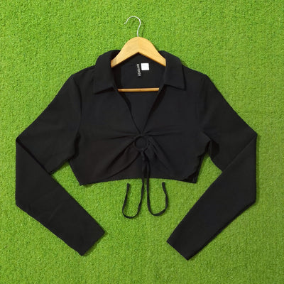 Black Collared Tie-Front Full Sleeve Crop Top - alternate view