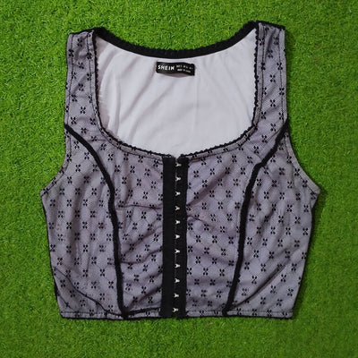 Black Floral Mesh Hook-Front Lined Crop Top - alternate view