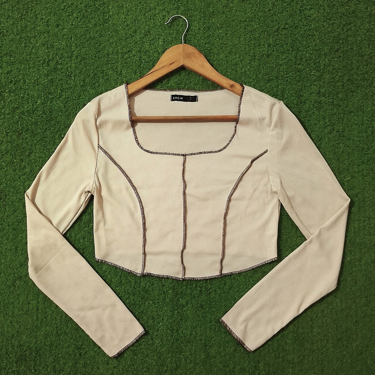 Beige Ribbed Square Neck Contrast Stitch Crop Top