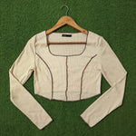 Beige Ribbed Square Neck Contrast Stitch Crop Top