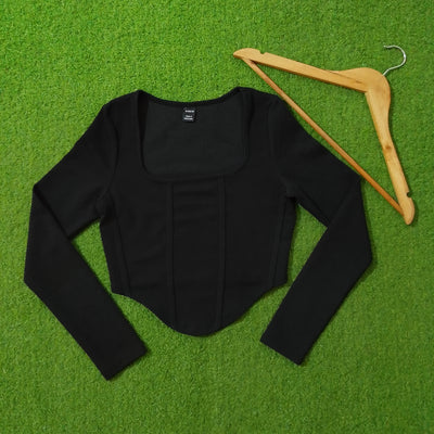 Black Square Neck Corset-Style Full Sleeve Crop Top - alternate view