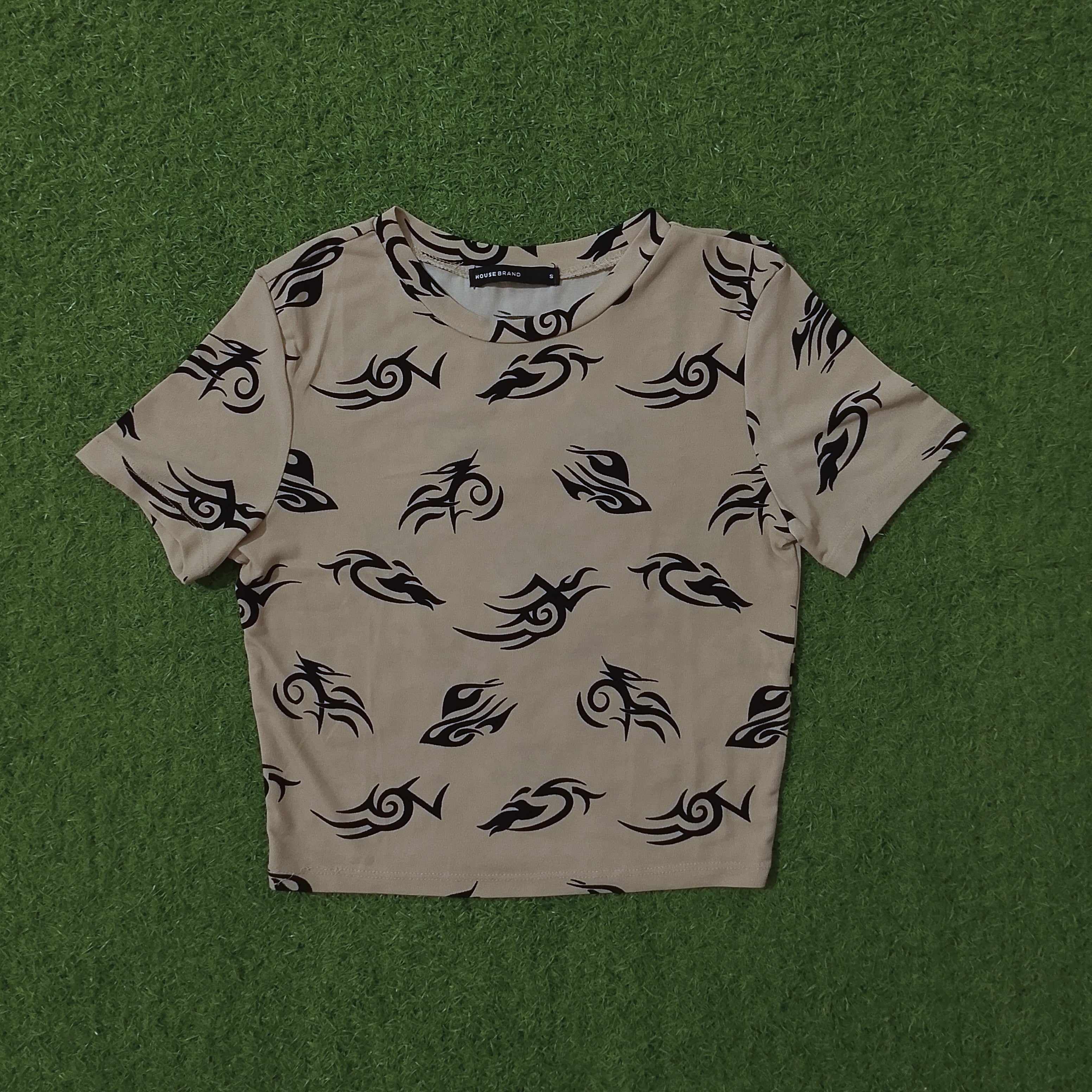Beige Tribal Print Short Sleeve Crop Top