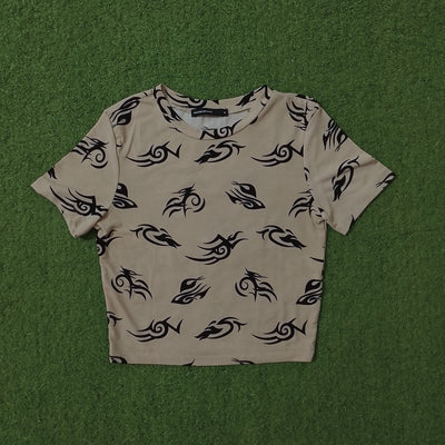 Beige Tribal Print Short Sleeve Crop Top