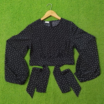 Navy Blue Polka Dot Chiffon Tie-Cuff Full Sleeve Crop Top - Front