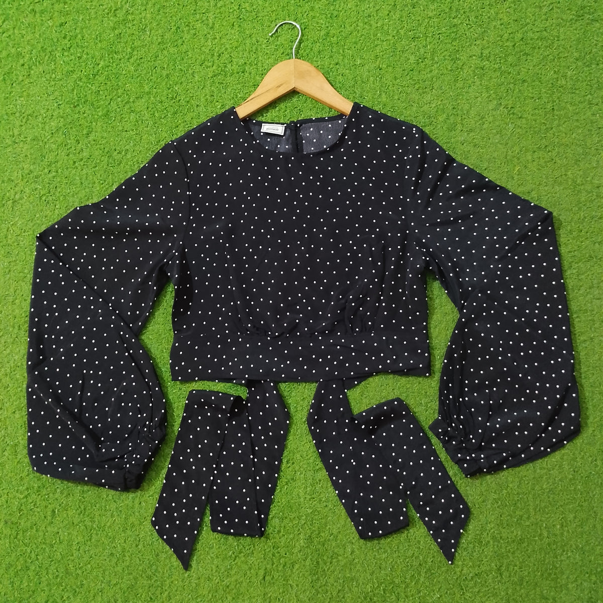 Navy Blue Polka Dot Chiffon Tie-Cuff Full Sleeve Crop Top - Front