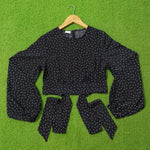Navy Blue Polka Dot Chiffon Tie-Cuff Full Sleeve Crop Top - Front