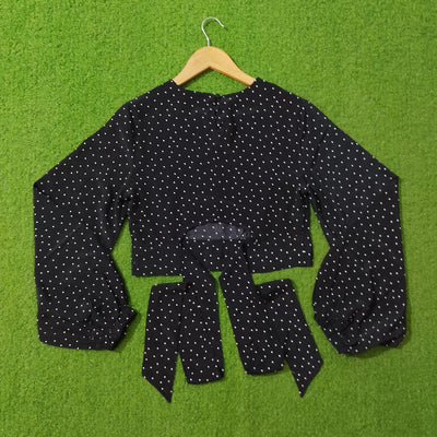 Navy Blue Polka Dot Chiffon Tie-Cuff Full Sleeve Crop Top - Back - alternate view