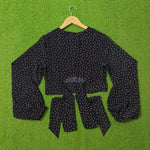 Navy Blue Polka Dot Chiffon Tie-Cuff Full Sleeve Crop Top - Back