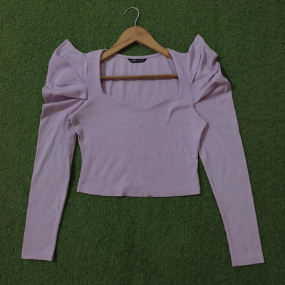 Lavender Ribbed Puff Sleeve Square Neck Crop Top - alternate view