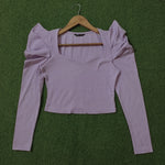 Lavender Ribbed Puff Sleeve Square Neck Crop Top