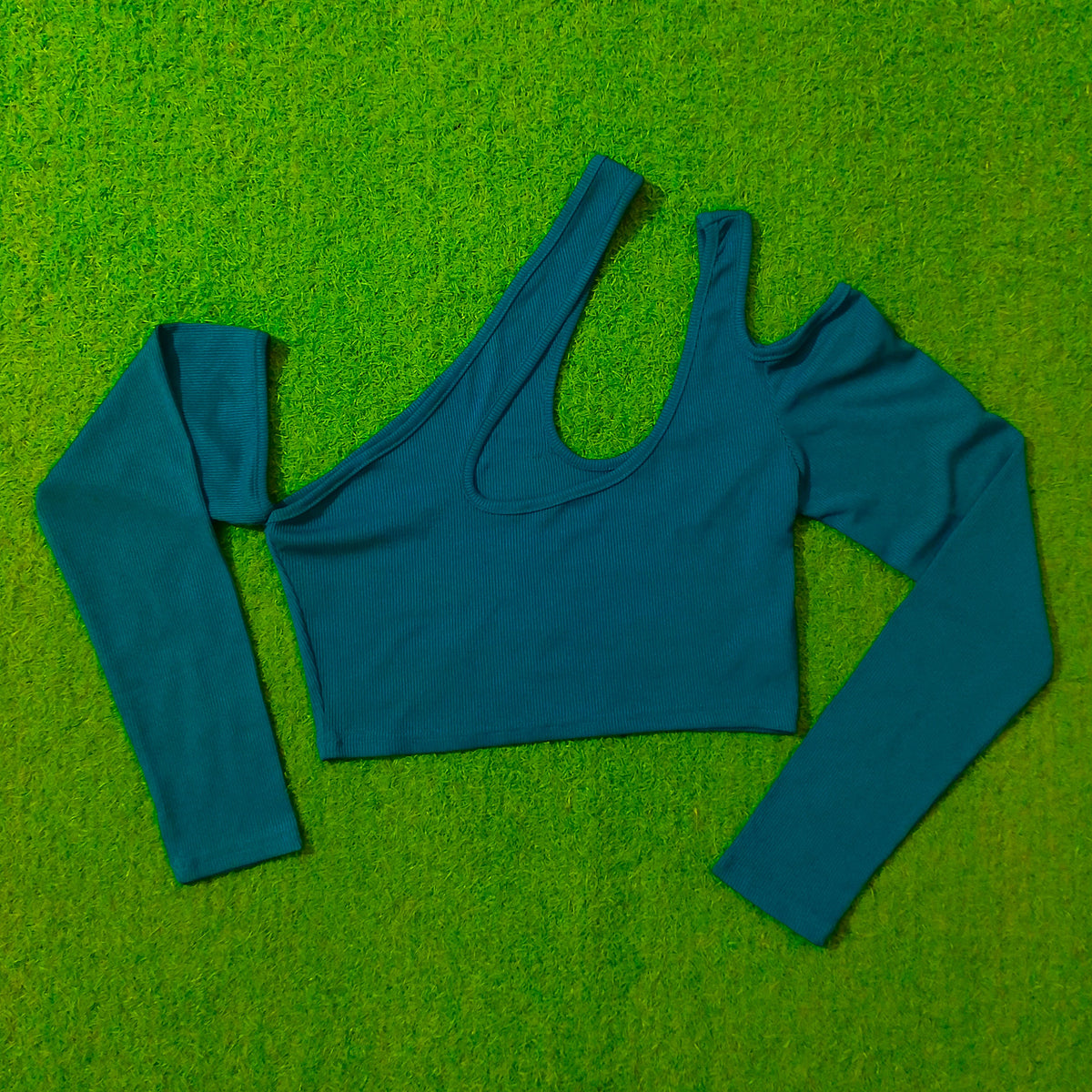 Teal Ribbed One-Shoulder Long Sleeve Crop Top