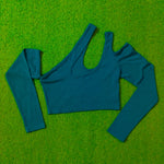 Teal Ribbed One-Shoulder Long Sleeve Crop Top
