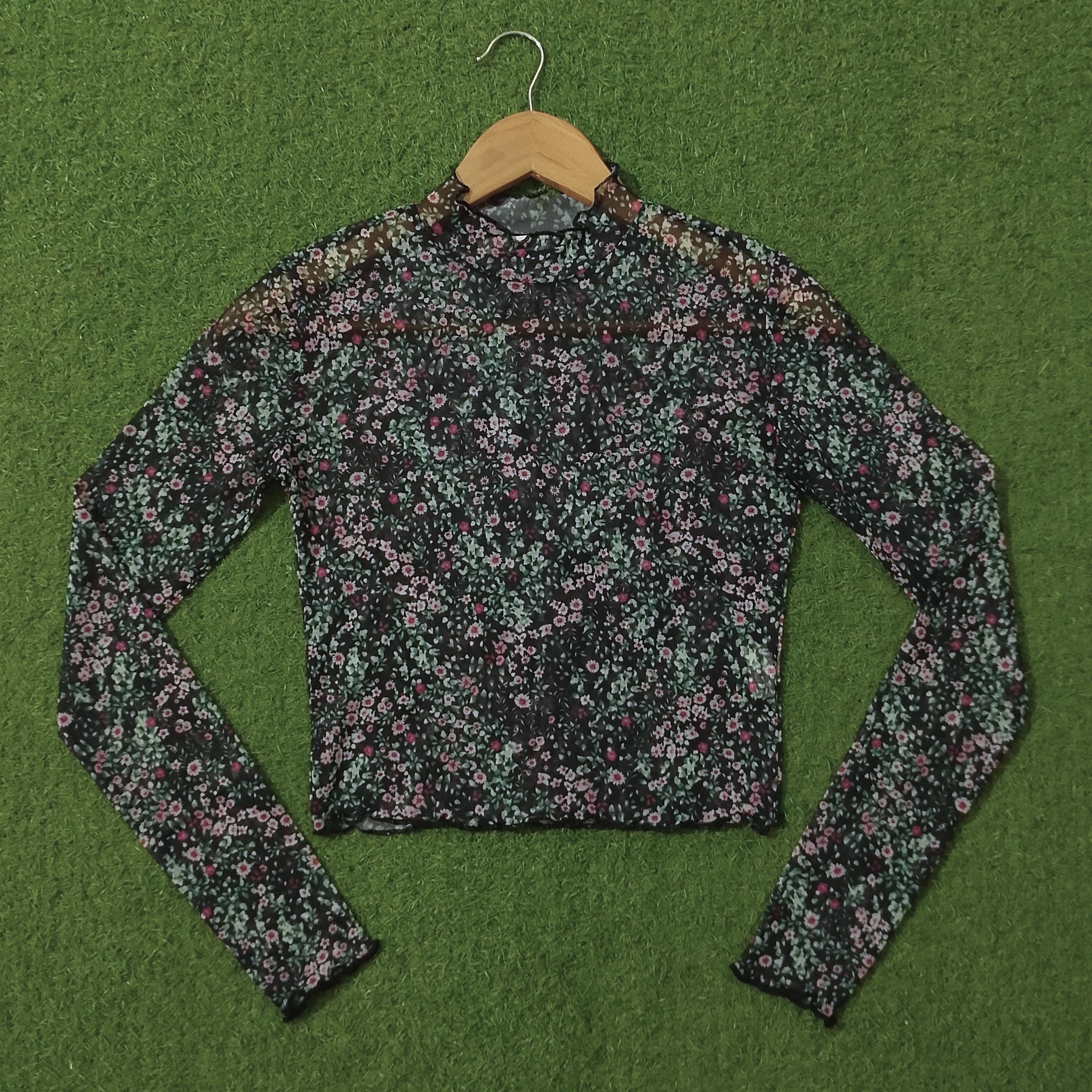 Dark Floral Mesh Mock Neck Full Sleeve Crop Top