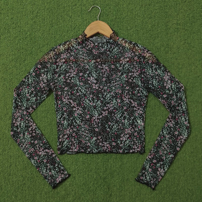 Dark Floral Mesh Mock Neck Full Sleeve Crop Top