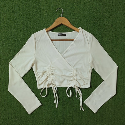 White Ribbed Wrap V-Neck Ruched Drawstring Long Sleeve Crop Top - alternate view