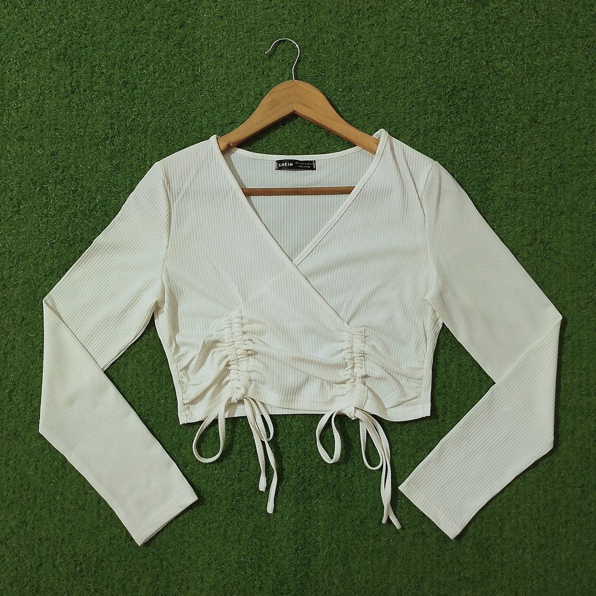 White Ribbed Wrap V-Neck Ruched Drawstring Long Sleeve Crop Top
