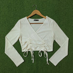 White Ribbed Wrap V-Neck Ruched Drawstring Long Sleeve Crop Top