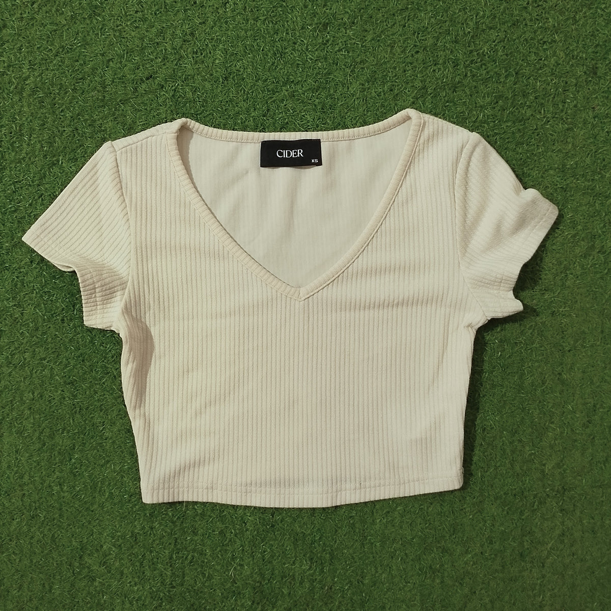 Cream Ribbed V-Neck Short Sleeve Crop Top