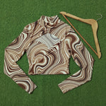 Brown Swirl Print Turtleneck Long Sleeve Crop Top