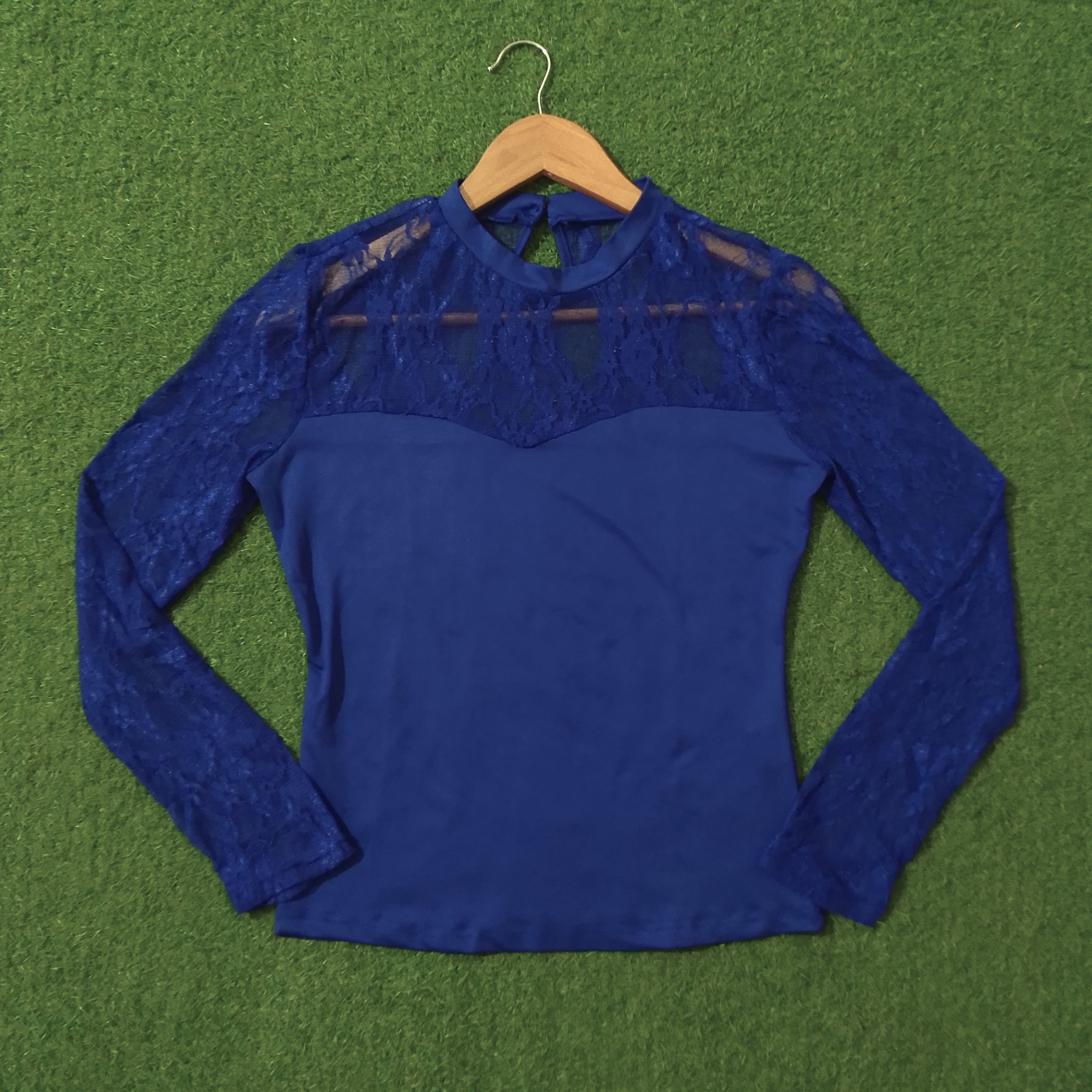 Royal Blue Lace Sleeve Sweetheart Neck Long Sleeve Top