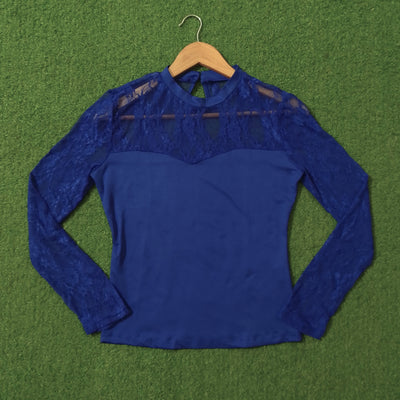 Royal Blue Lace Sleeve Sweetheart Neck Long Sleeve Top