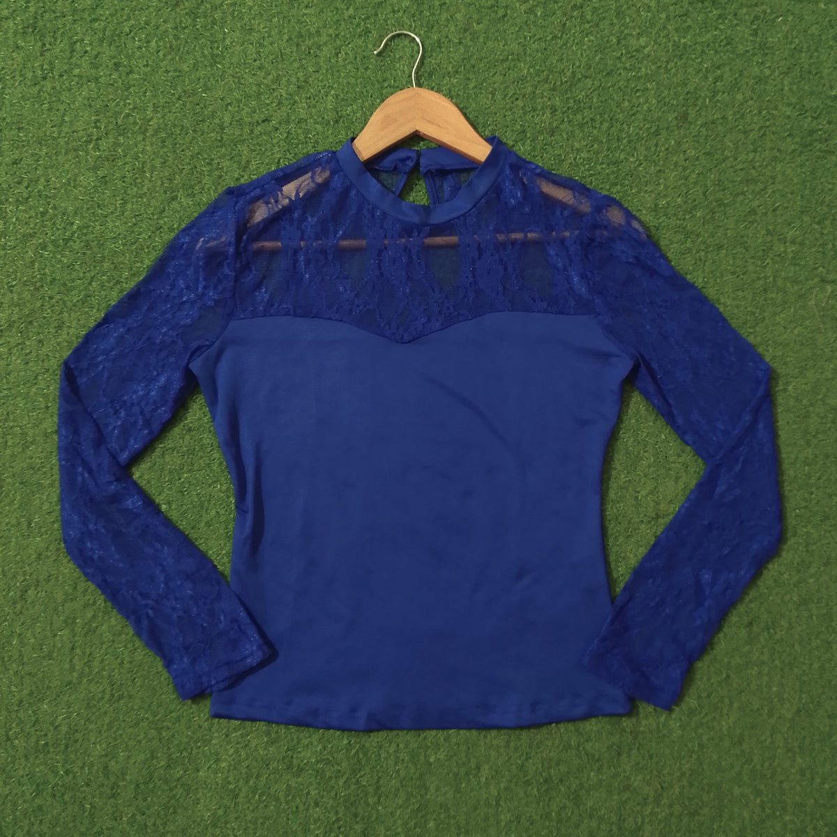 Royal Blue Lace Sleeve Sweetheart Neck Long Sleeve Top